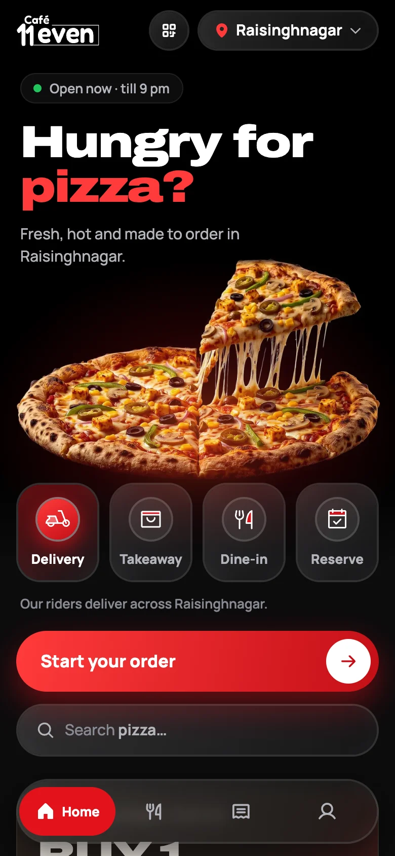 App home screen with the hero pizza and order modes