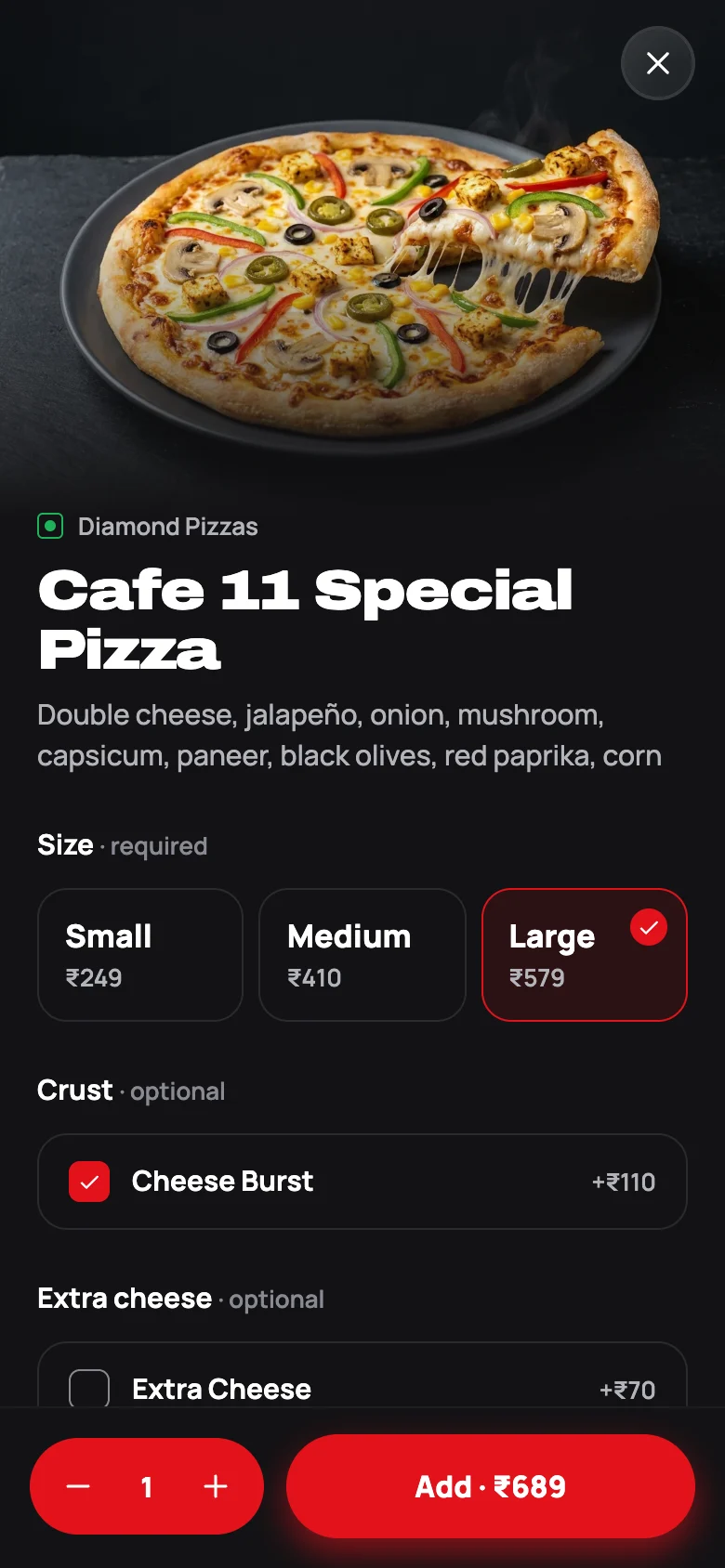 Cafe 11 Special Pizza with size, crust and extra cheese choices
