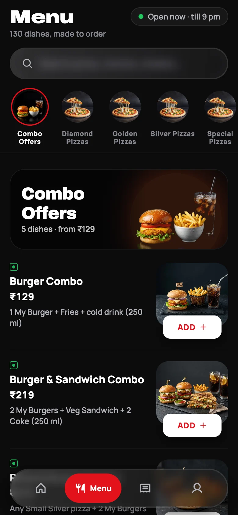 App menu with photo category rail, Combo Offers banner and dish photos